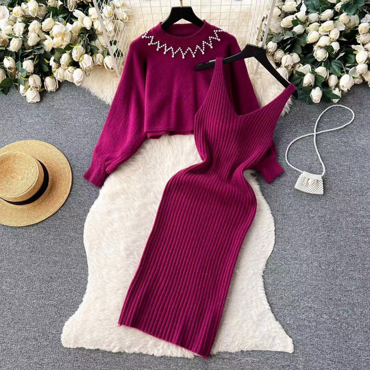 Damen Elegantes Strickkleid mit raffinierter Ribstruktur und stylischem Crop-Pullover EB