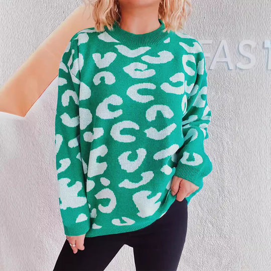 Damen gemütlicher Pullover im modernen Leopardenmuster EB