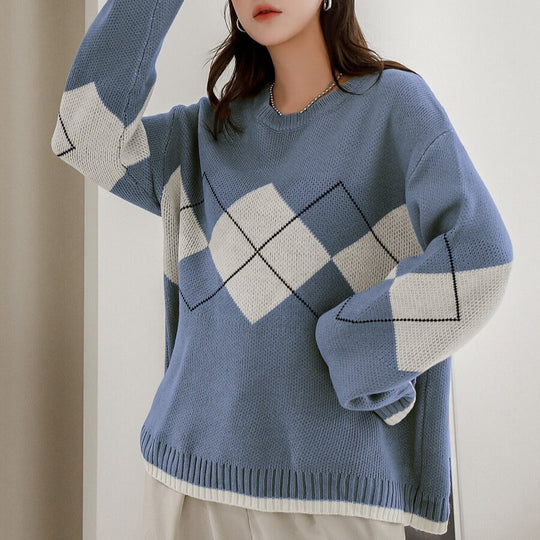 Damen stilvoller Pullover mit modernem Rautenmuster und verspielten Rüschendetails EB