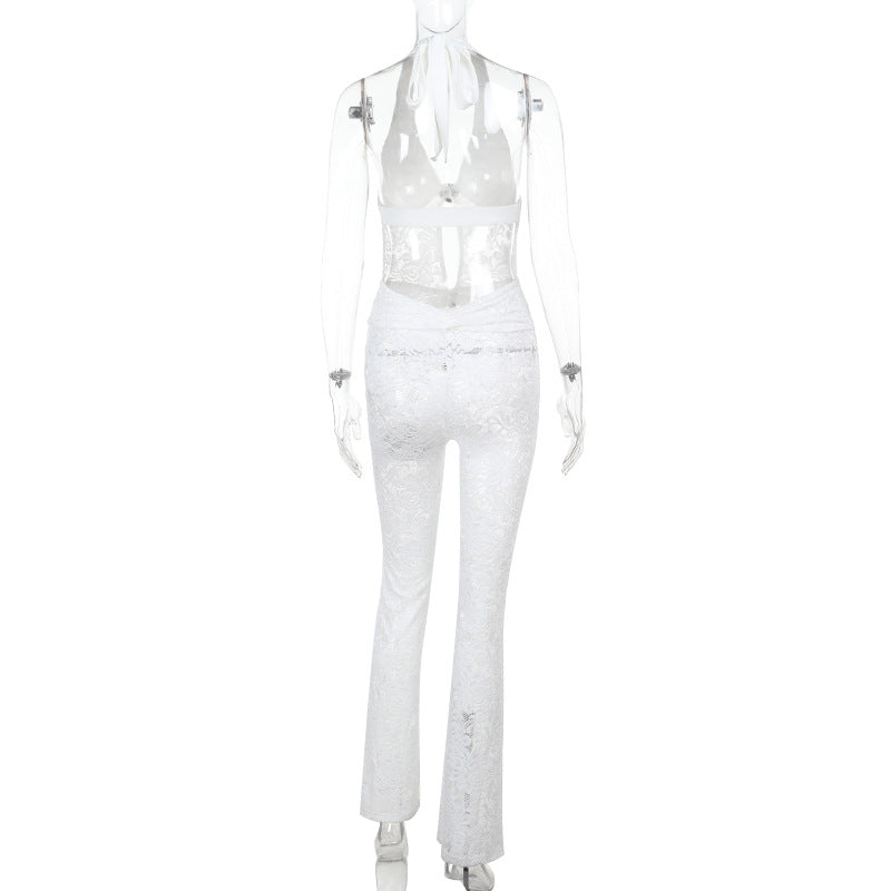 Damen Jumpsuit mit elegantem Spitzendetail und tiefem V-Ausschnitt EB