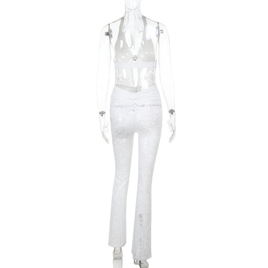 Damen Jumpsuit mit elegantem Spitzendetail und tiefem V-Ausschnitt EB