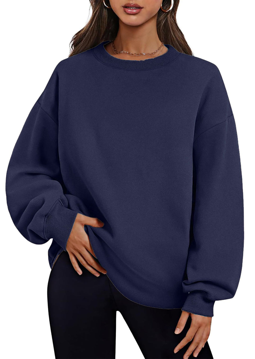 Damen nan verlängertes Oversize Rundhalspullover mit seitlichen Eingrifftaschen, Rippbündchen und überschnittener Schulter EB