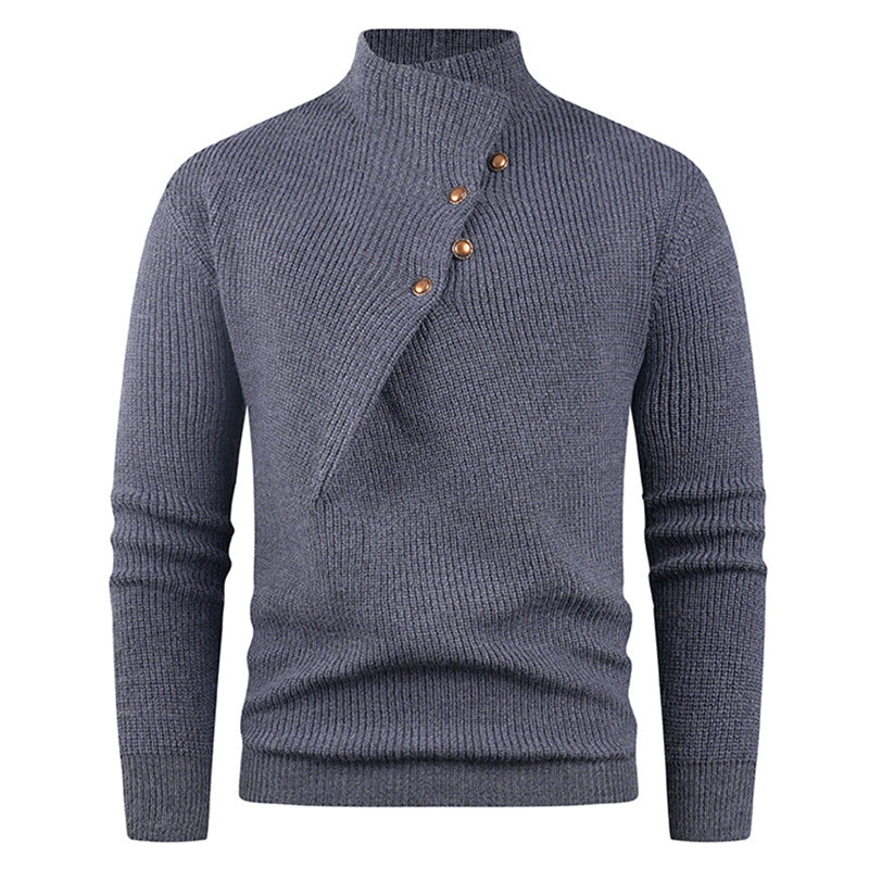 Herren Strickpullover mit asymmetrischem Kragen und dekorativen Holzknöpfen EB