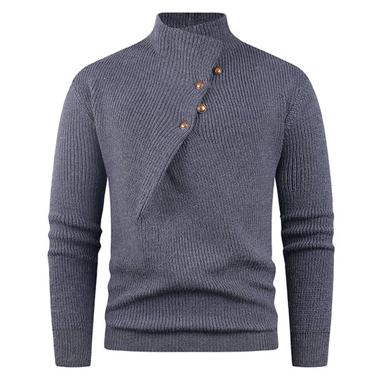 Herren Strickpullover mit asymmetrischem Kragen und dekorativen Holzknöpfen EB