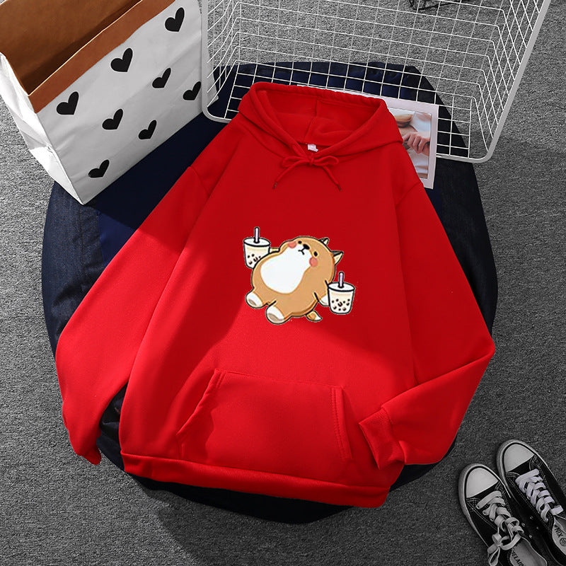Damen nan niedlicher Kapuzenpullover mit Kängurutasche, oversized Schnitt und Bubble‑Tea Corgi-Print EB