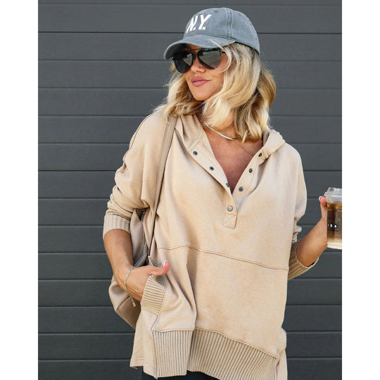Damen lässiger Pullover mit Knopfleiste und Kapuze EB