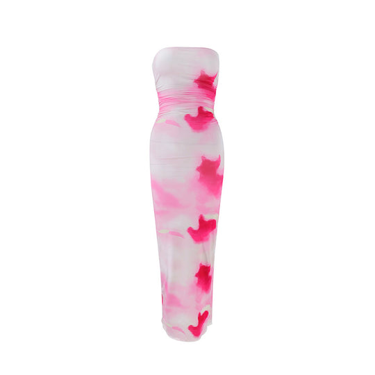 Damen elegantes, trägerloses Maxikleid mit raffiniertem Mustermix EB
