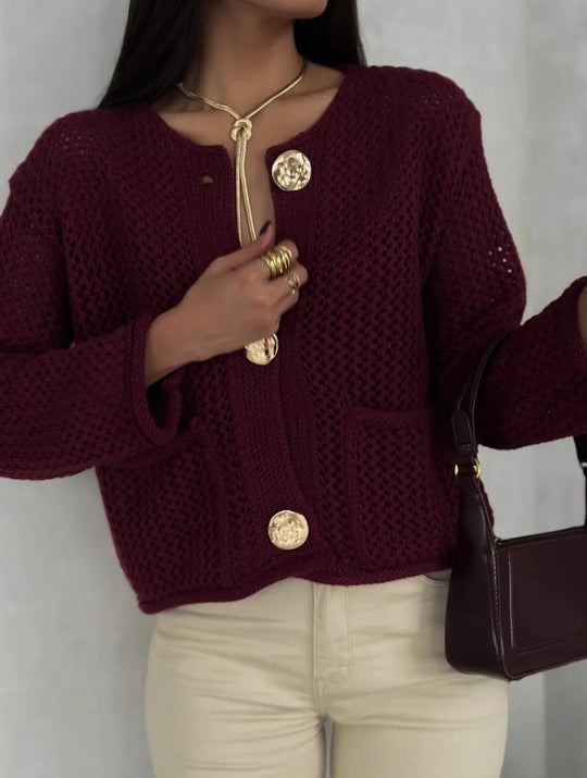 Damen luftiger Strickjacke mit dekorativem Netzdesign und praktischen Taschen EB