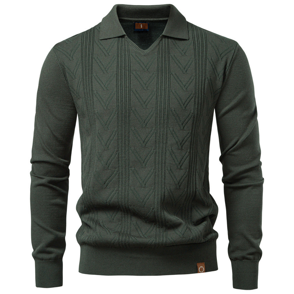 Herren nan feiner Strick-Polopullover mit V-Ausschnitt, Zickzackstruktur und Kentkragen EB