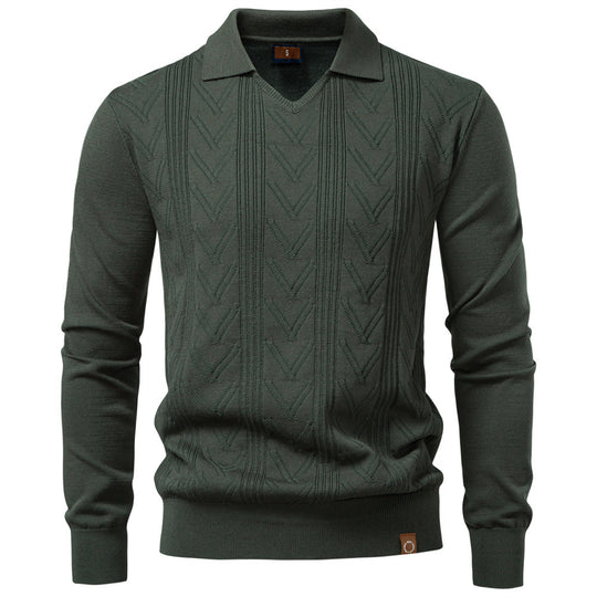 Herren nan feiner Strick-Polopullover mit V-Ausschnitt, Zickzackstruktur und Kentkragen EB