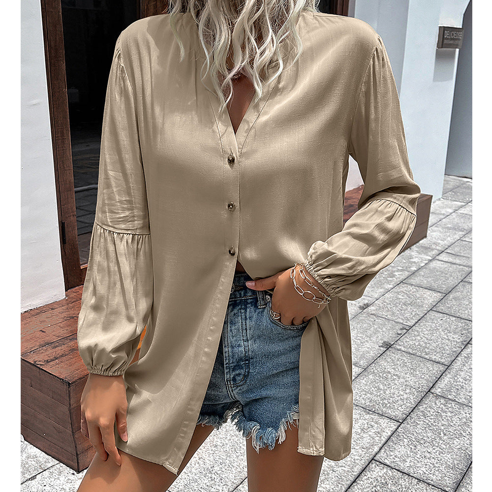 Damen lässige Bluse mit V-Ausschnitt und Ballonärmeln EB