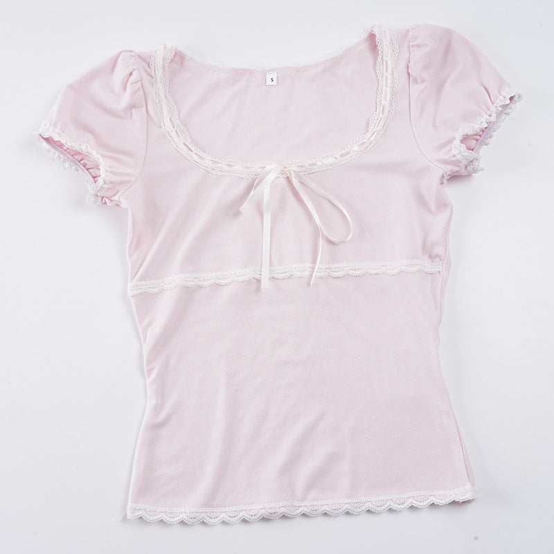 Damen Kurzarm Top mit Rüschendetails und verspieltem Kordelzug EB