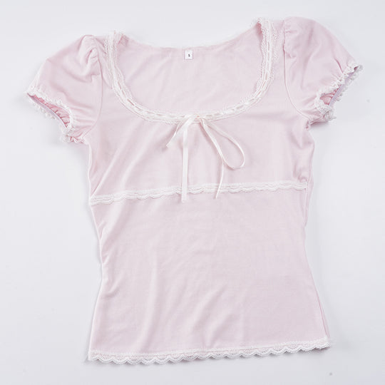 Damen Kurzarm Top mit Rüschendetails und verspieltem Kordelzug EB