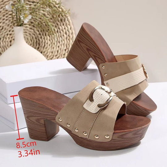 Damen Plattform-Sandalen mit modischem Schnallen-Design und Holzoptik EB
