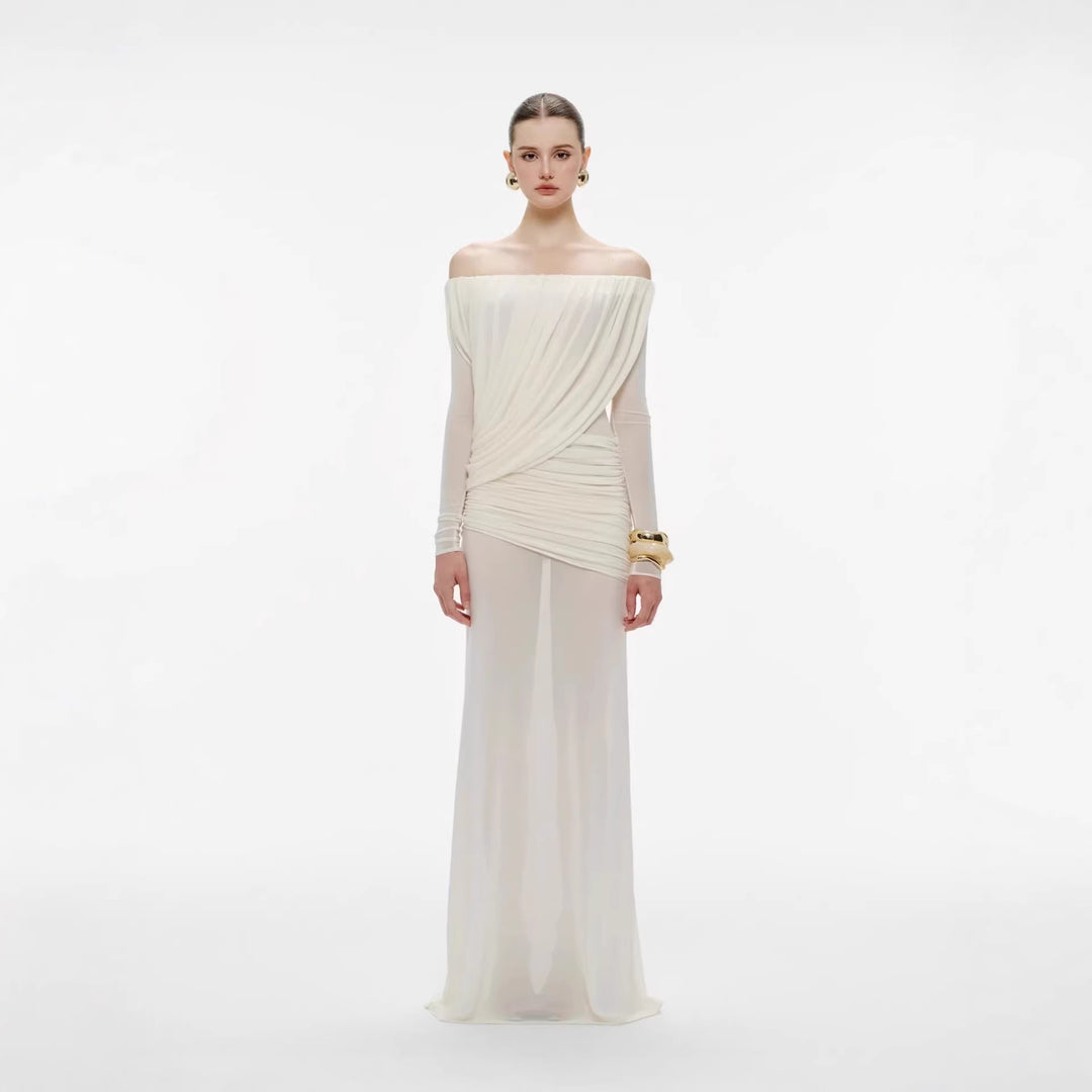 Damen Langarm Maxikleid mit Drapier-Design und schulterfreiem Ausschnitt EB