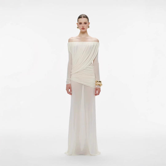 Damen Langarm Maxikleid mit Drapier-Design und schulterfreiem Ausschnitt EB