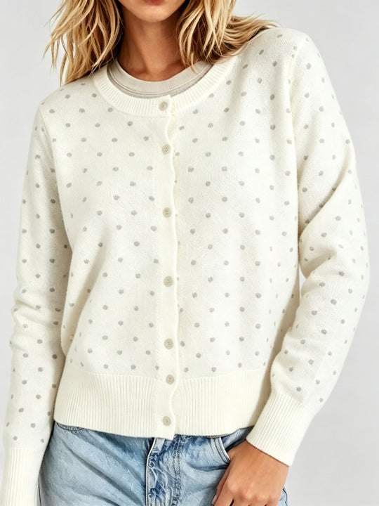 Damen Gepunktete Feinstrick-Cardigan mit Rundhals und Rippbündchen EB