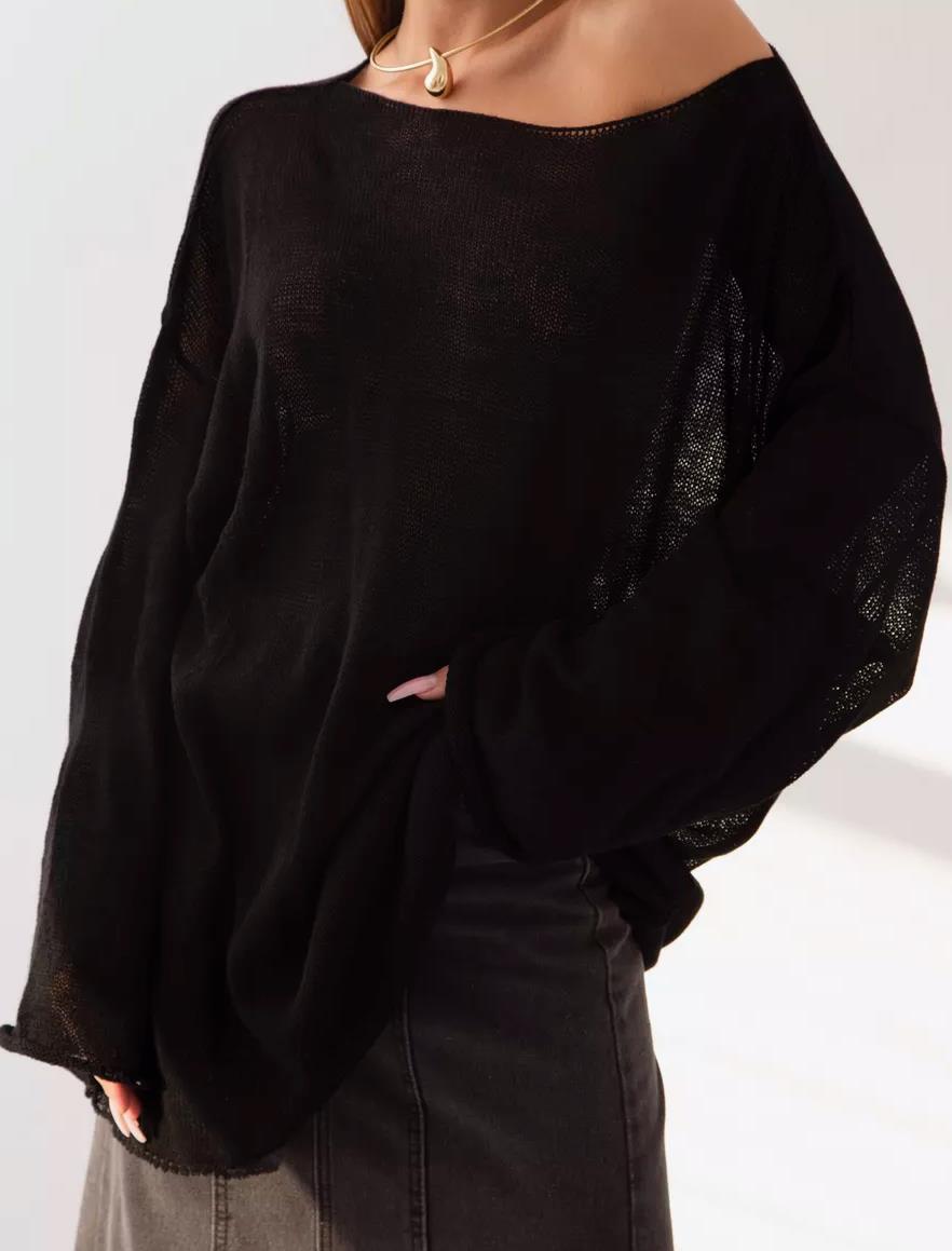 Damen luftige Strickbluse mit offenen Schultern und weiten Ärmeln EB