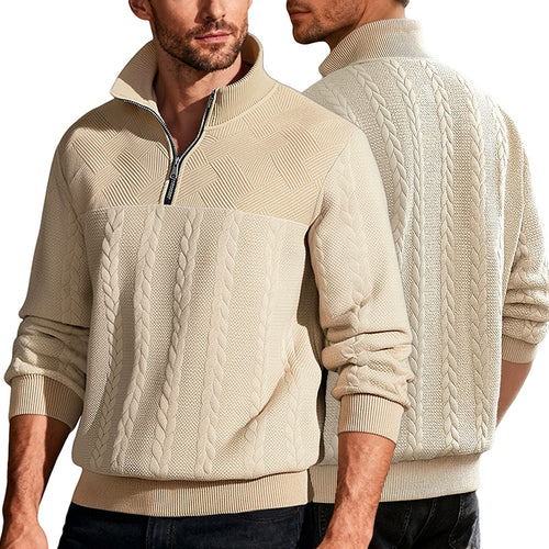 Herren nan texturierter Strickpullover mit Halbzip, geflochtenem Zopfmuster und hohem Stehkragen EB