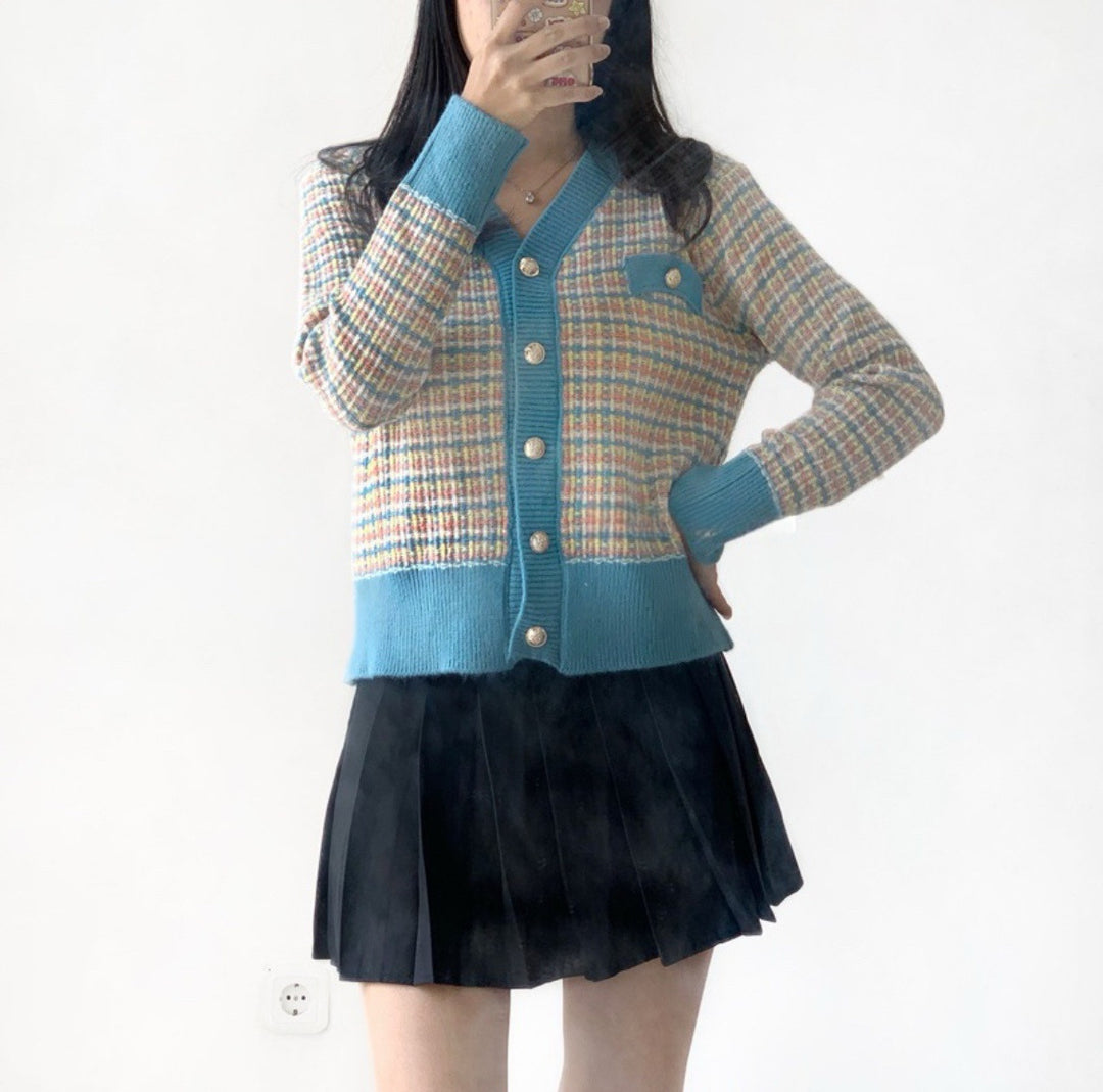 Damen modischer Strickcardigan mit farbenfrohem Muster und Knopfleiste EB