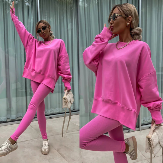 Damen nan Oversize Sweatshirt mit taillierten Rib-Leggings Set EB