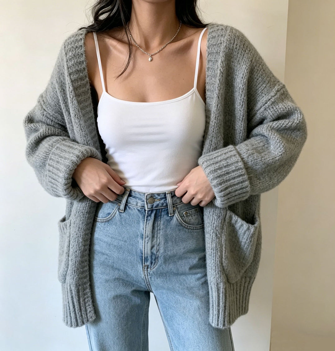 Damen Langer Offener Grobstrick-Cardigan mit aufgesetzten Taschen und gerippten Bündchen EB