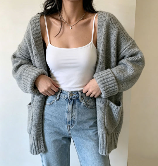 Damen Langer Offener Grobstrick-Cardigan mit aufgesetzten Taschen und gerippten Bündchen EB