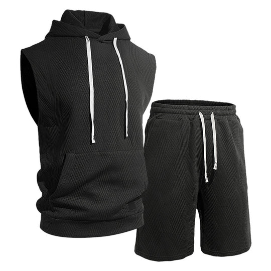 Herren nan ärmelloses Kapuzen-Lounge-Set aus strukturierter Baumwollmischung mit Kängurutasche und elastischer Freizeithose EB