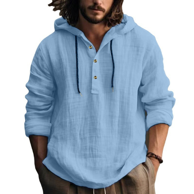 Herren nan leichtes Kapuzen-Henley Leinenhemd mit Knopfleiste und Kordelzug EB
