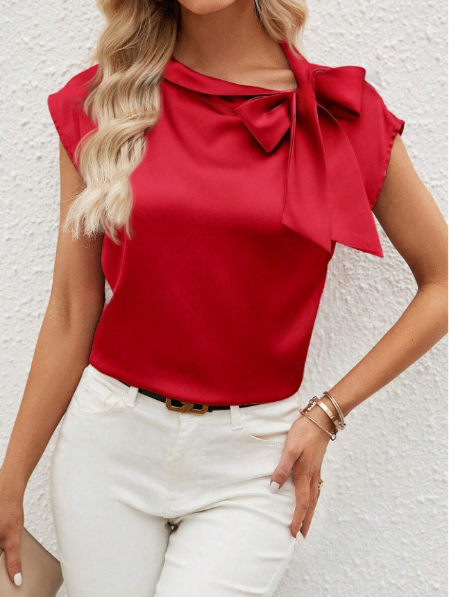 Damen elegante Bluse mit dekorativem Schleifen-Detail und schimmerndem Finish EB