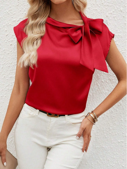 Damen elegante Bluse mit dekorativem Schleifen-Detail und schimmerndem Finish EB