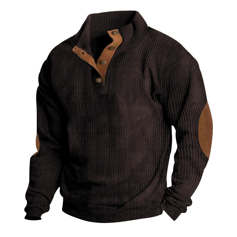 Herren nan rustikaler gerippter Pullover mit Henley-Kragen und lederartigen Ellbogenbesätzen EB