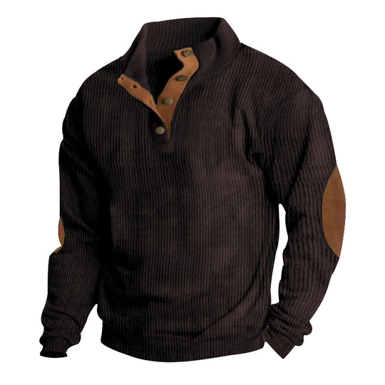 Herren nan rustikaler gerippter Pullover mit Henley-Kragen und lederartigen Ellbogenbesätzen EB