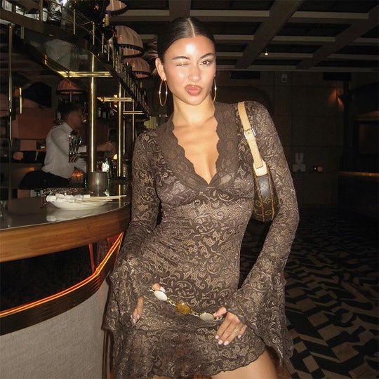 Damen Spitzenkleid mit raffinierten Ärmeln und elegantem V-Ausschnitt EB