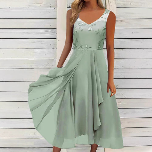 Damen nan A-Linien-Chiffonkleid mit floralem Stickoberteil, V-Ausschnitt, drapiertem Godet-Schwung und verdeckten Seitentaschen EB