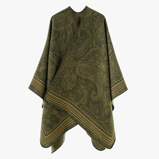 Damen Jacquard-Poncho im Ruana-Schnitt mit Paisley-Muster und breiter Bordüre EB