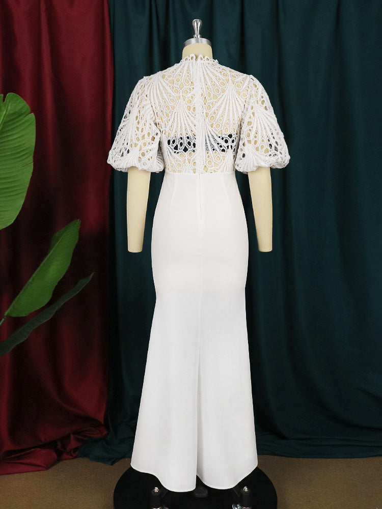 Damen Elegantes Maxikleid mit Spitzenoberteil und voluminösen Ärmeln EB
