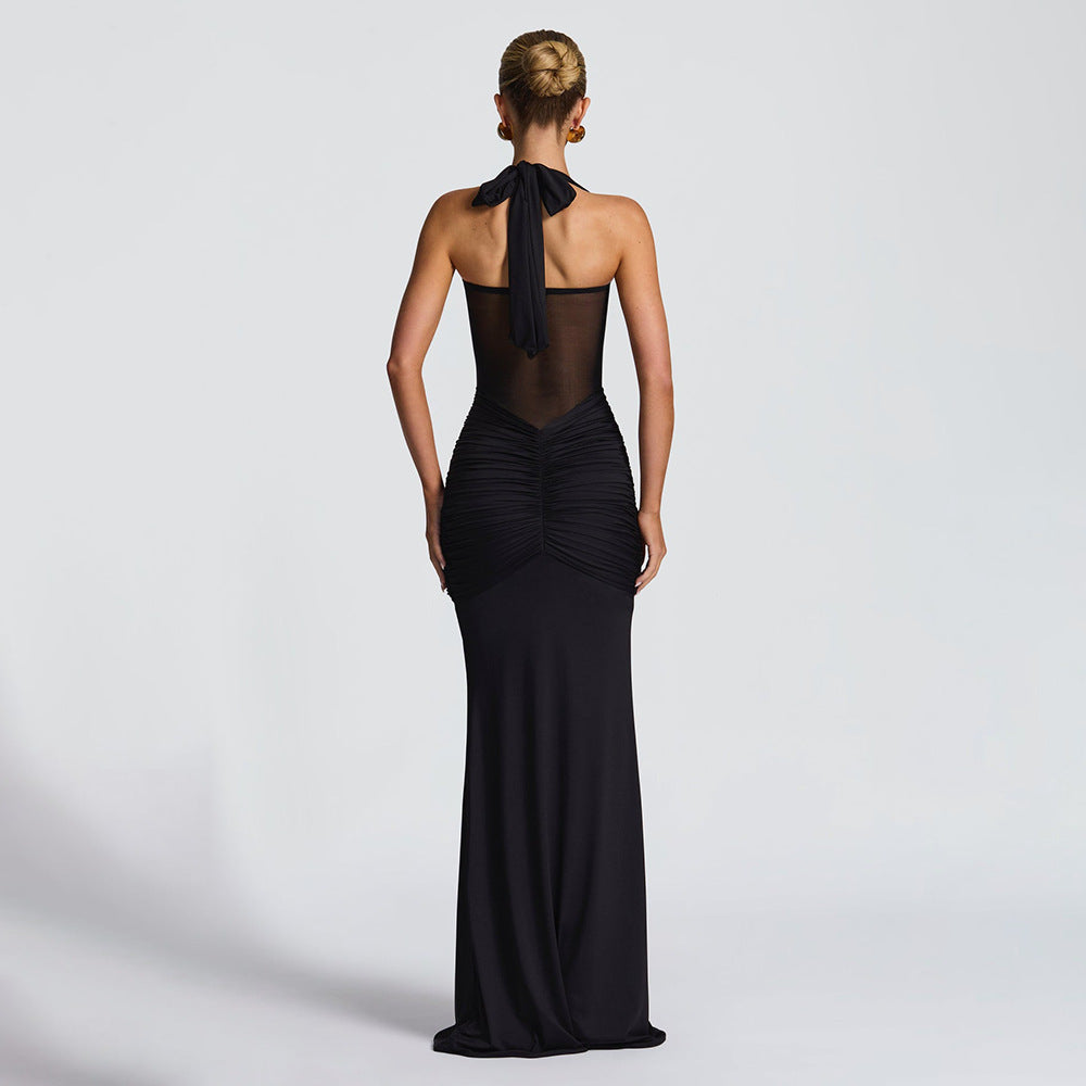 Damen elegantes Maxikleid mit schmeichelnder Raffung und Halterneck EB