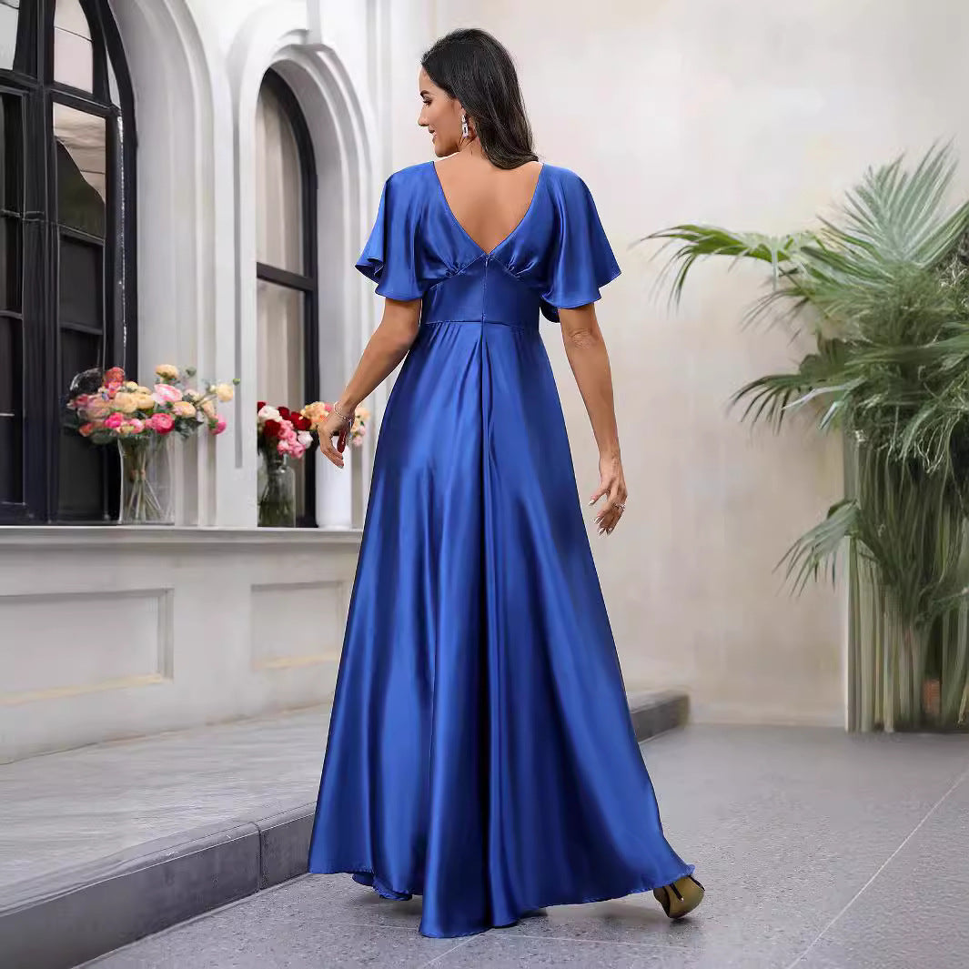 Damen Maxikleid mit fließendem Satin und luftigen Ärmeln EB