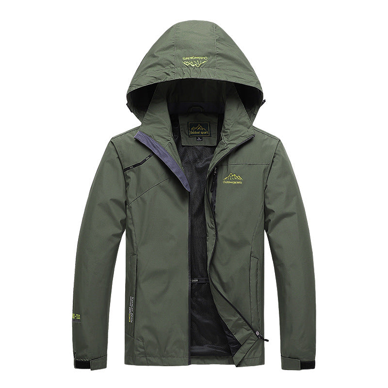 Herren atmungsaktive Softshell-Trekkingjacke mit verstaubarer Kapuze, Netzfutter und multifunktionalen Reißverschlusstaschen EB