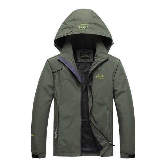 Herren atmungsaktive Softshell-Trekkingjacke mit verstaubarer Kapuze, Netzfutter und multifunktionalen Reißverschlusstaschen EB