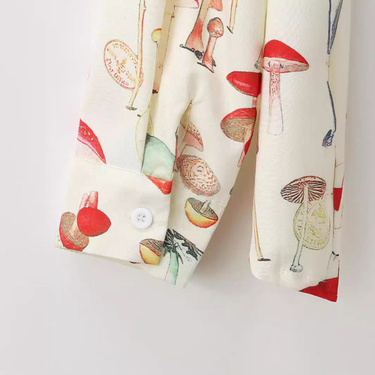 Damen Langarm Hemd mit kreativem Pilzmuster und hochwertigen Materialien EB
