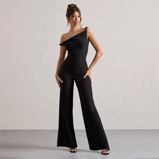 Damen schulterfreier Jumpsuit mit weitem Bein und elastischem Oberteil EB