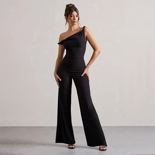 Damen schulterfreier Jumpsuit mit weitem Bein und elastischem Oberteil EB