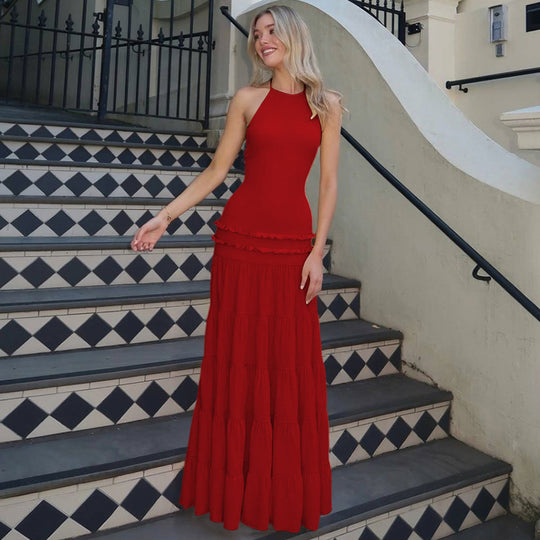 Damen Elegantes Spaghetti-Träger Maxikleid mit Rüschendetails EB