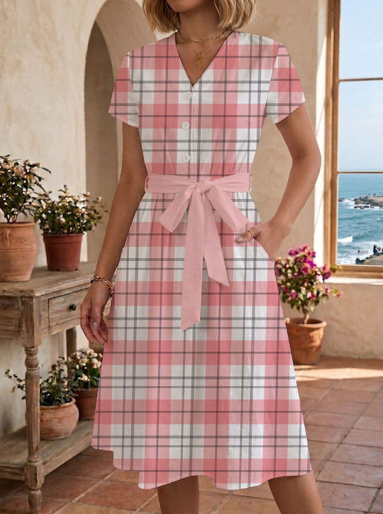 Damen lässiges Maxikleid mit taillierbarem Knoten und dekorativem Karomuster EB
