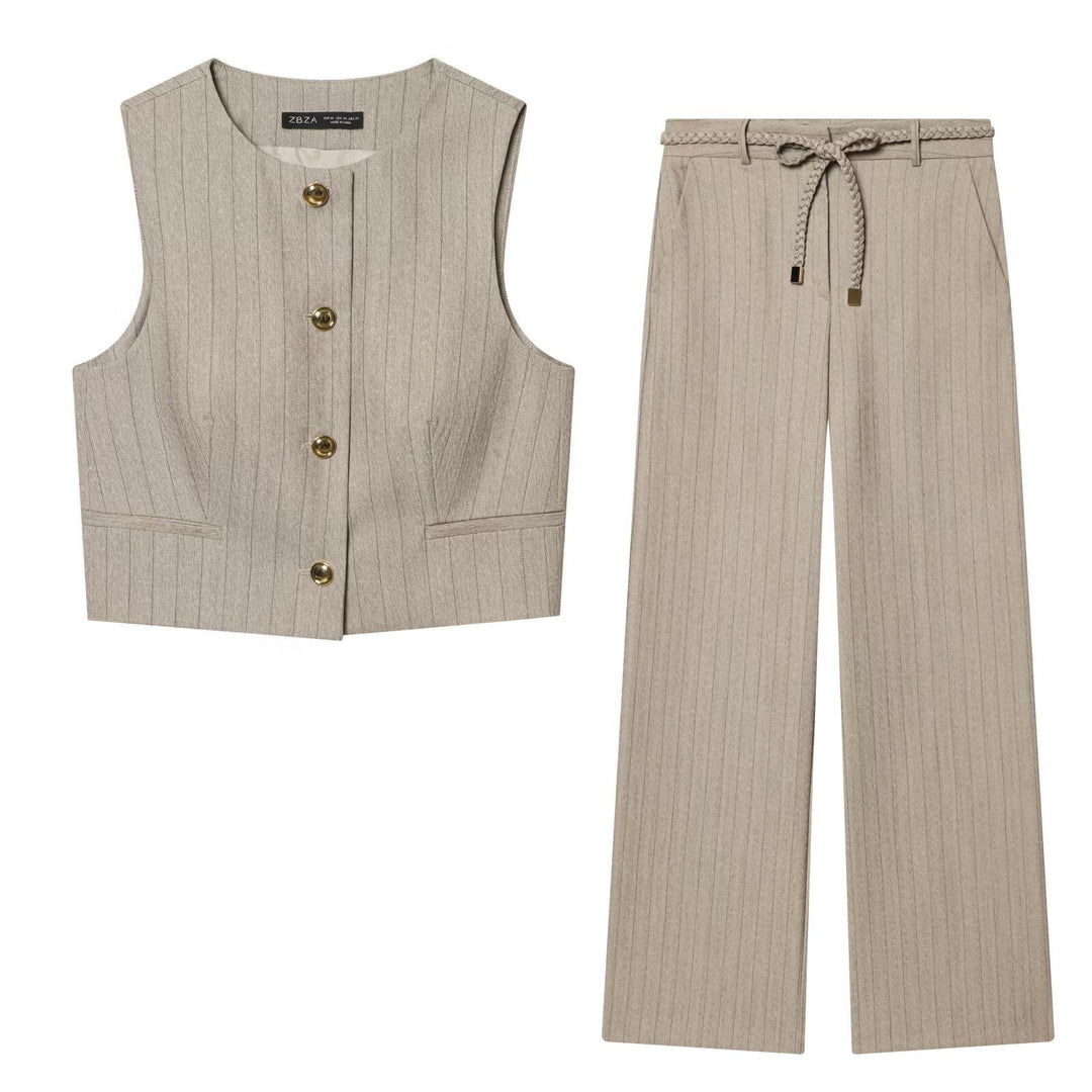 Damen elegante, weit geschnittene Hochbundhose mit geometrischem Streifenmuster EB