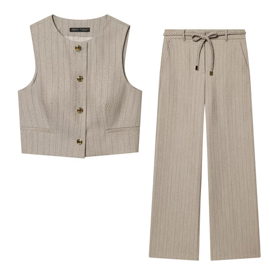 Damen elegante, weit geschnittene Hochbundhose mit geometrischem Streifenmuster EB