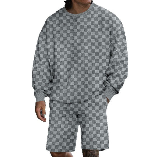 Herren nan oversized Waffelstrick-Lounge-Set mit Crewneck-Sweatshirt und knielangen Bermuda-Shorts EB