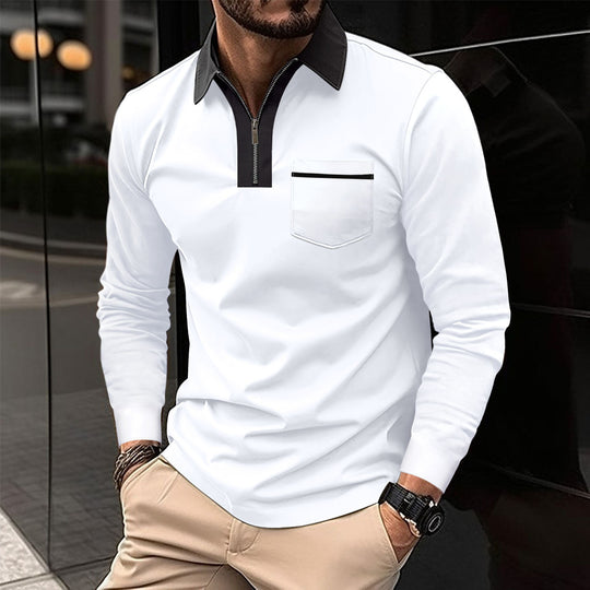Herren Langarm-Poloshirt mit Halbzip, Kontrastkragen & Brusttasche EB